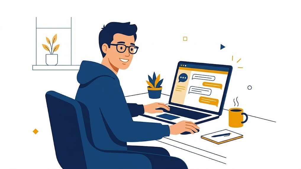 AI 채팅 인터페이스를 사용하는 직장인 일러스트