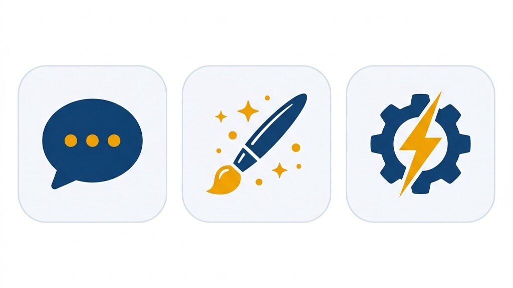 대화형 AI, 이미지 생성 AI, 자동화 AI 세 가지 분류 일러스트